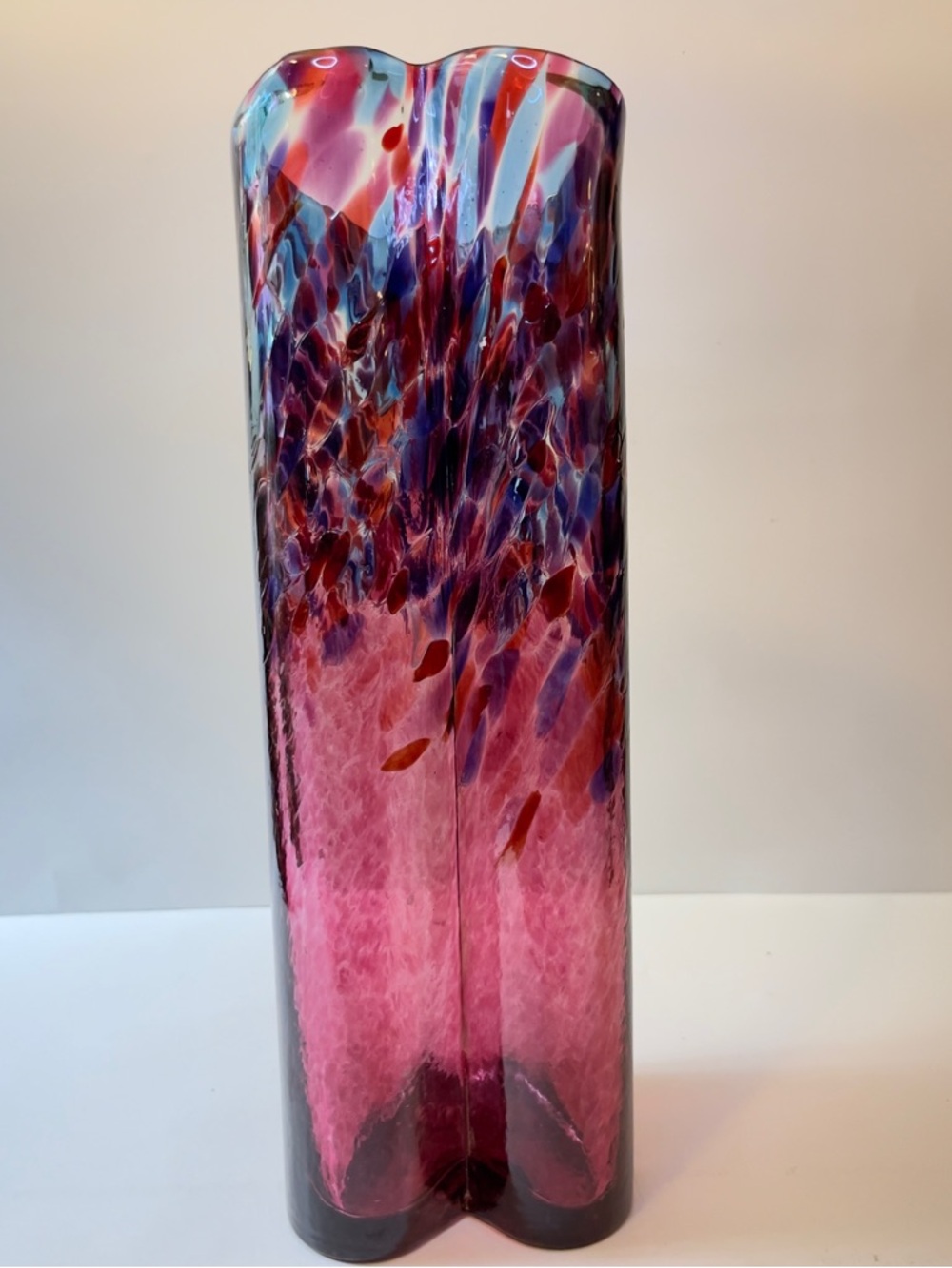 Kitras Art Glass Heart Shaped Tall Vase Multicolor Swirl Hand Blown Signed